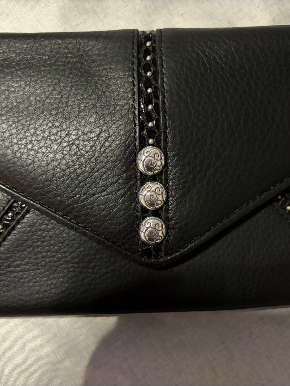 Brighton Black Leather Envelope Clutch with Silver Decorative Buttons